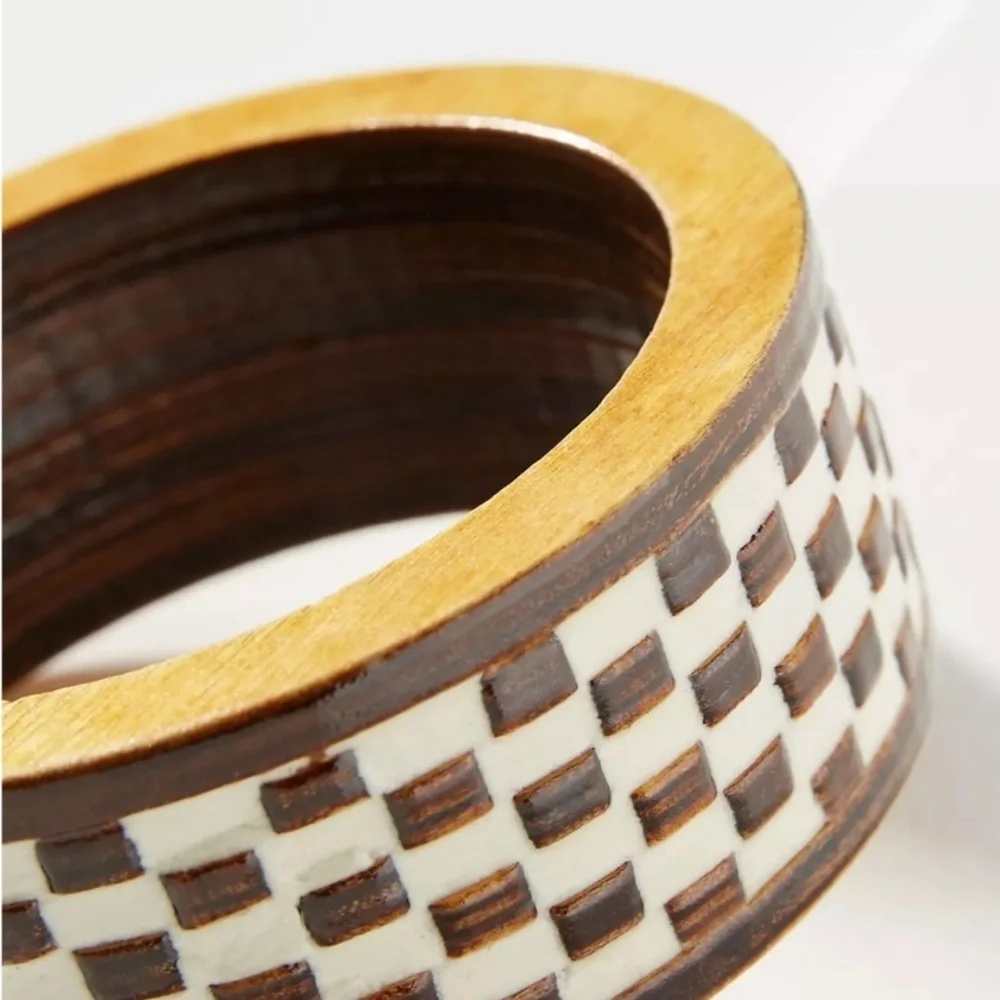 Anthropologie Wooden Checkered Bangle Bracelet in Cream/White & Brown